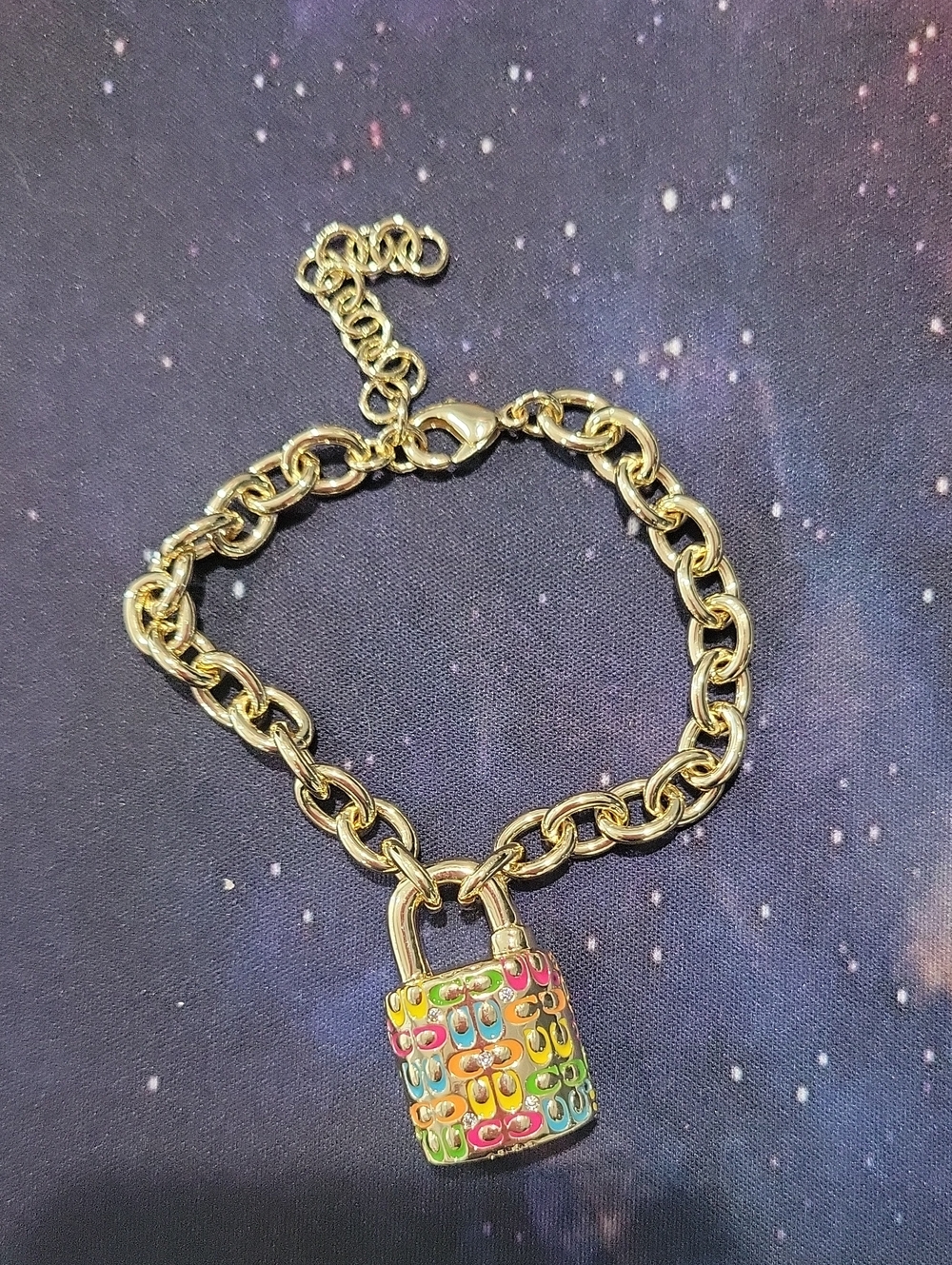 Coach Signature Gold Chain Bracelet with Multicolor Padlock Charm -